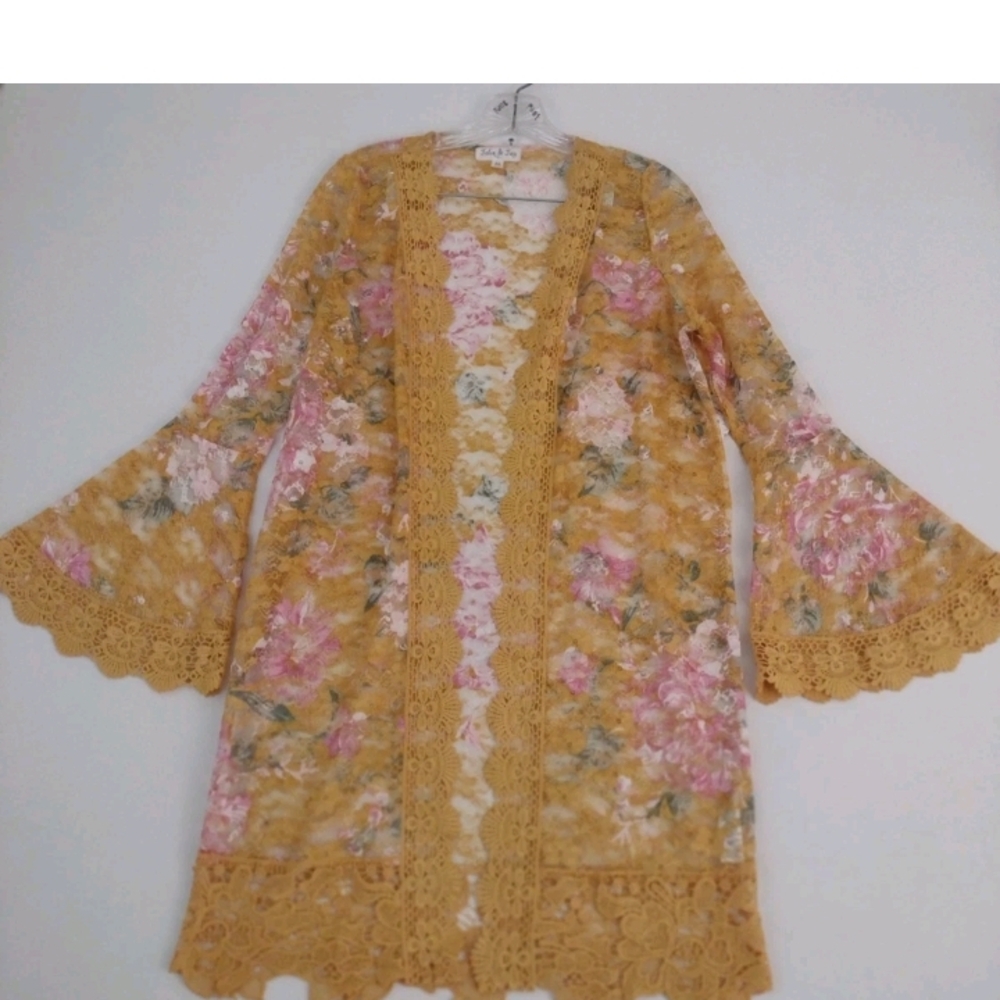 Jolie & Joy Medium Floral Lace Trim Cardigan - Yellow Pink Boho Flared Sleeves